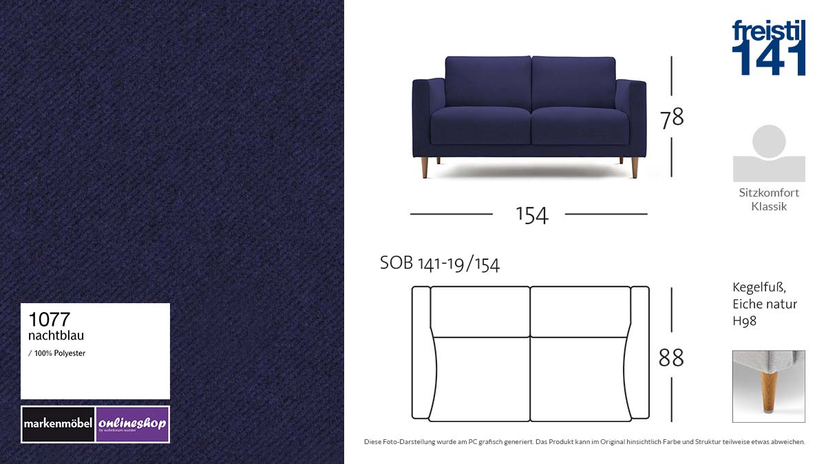 #1077 nachtblau - freistil 141 Sofabank in der Breite 154 cm - klassische Polsterung
