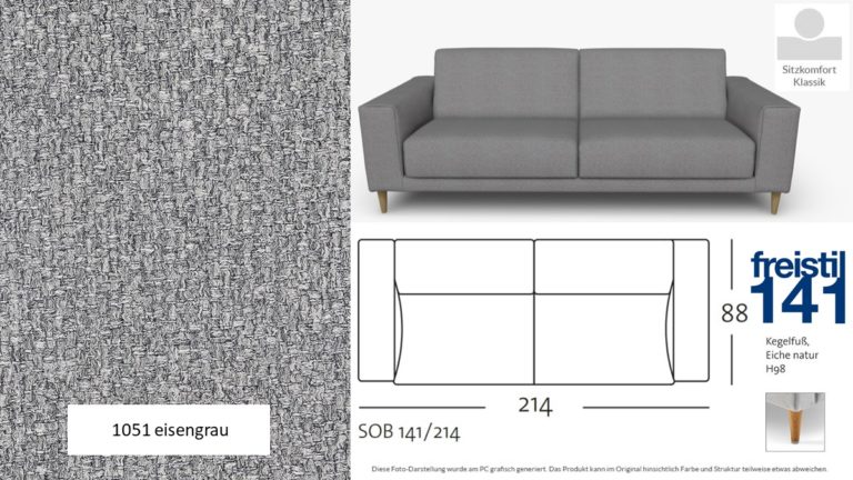freistil 141 Sofabank in der Breite 214 cm, Seitenteil breit, Klassischer Komfort im Stoff-Bezug #1051 eisengrau