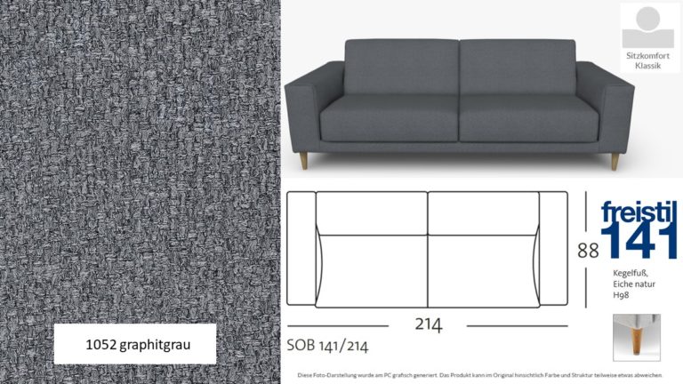 freistil 141 Sofabank in der Breite 214 cm, Seitenteil breit, Klassischer Komfort im Stoff-Bezug #1052 graphitgrau