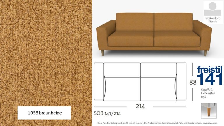 freistil 141 Sofabank in der Breite 214 cm, Seitenteil breit, Klassischer Komfort im Stoff-Bezug #1058 braunbeige