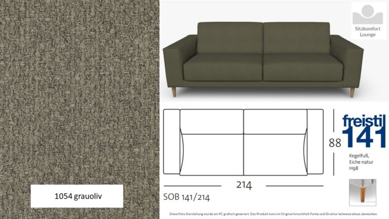 freistil 141 Sofabank in der Breite 214 cm, Seitenteil breit, Lounge Komfort im Stoff-Bezug #1054 grauoliv