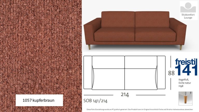 freistil 141 Sofabank in der Breite 214 cm, Seitenteil breit, Lounge Komfort im Stoff-Bezug #1057 kupferbraun