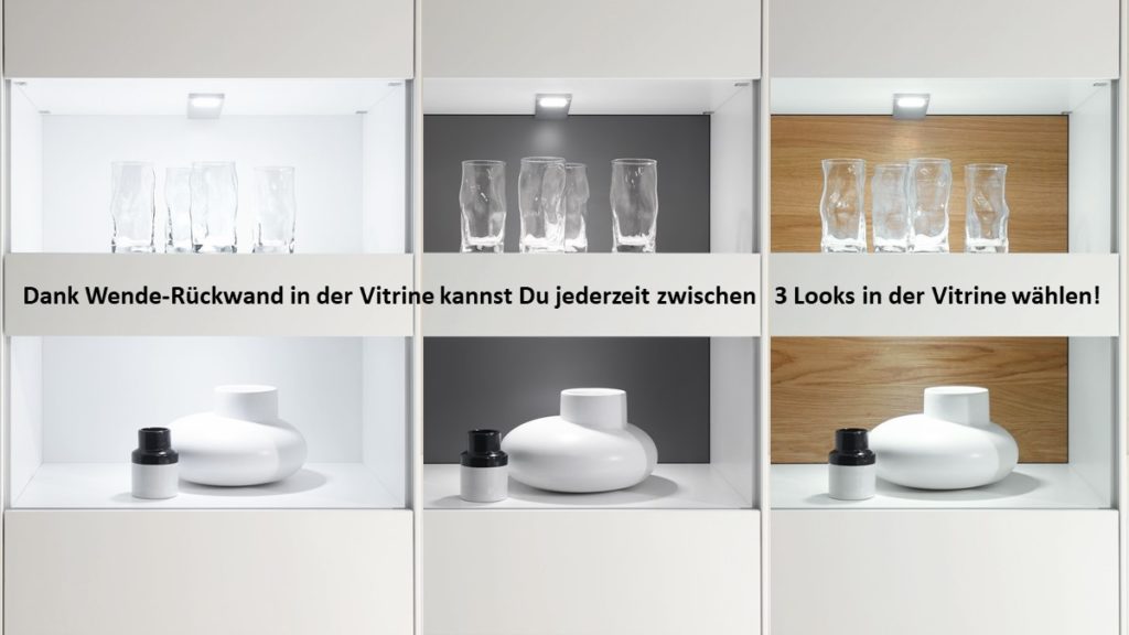 Bei der Vitrine musst Du Dich bei der Bestellung nicht festlegen. Dank Wenderückwand hast Du immer alle 3 Akzente zur Auswahl.