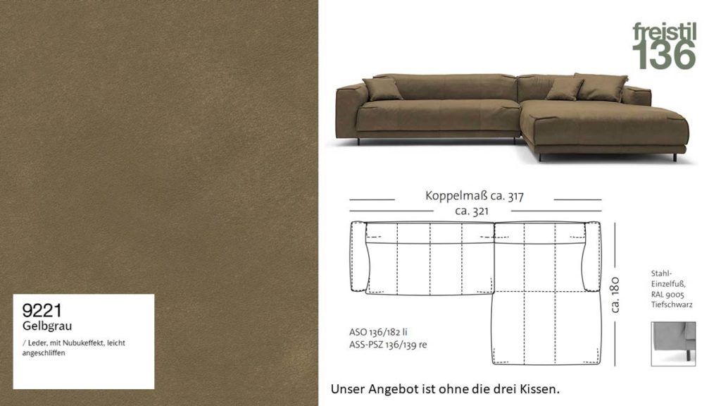 #9221 gelbgrau Leder leicht angeschliffen, Nubuk-Effekt , freistil 136 Sofa mit Longchair rechts