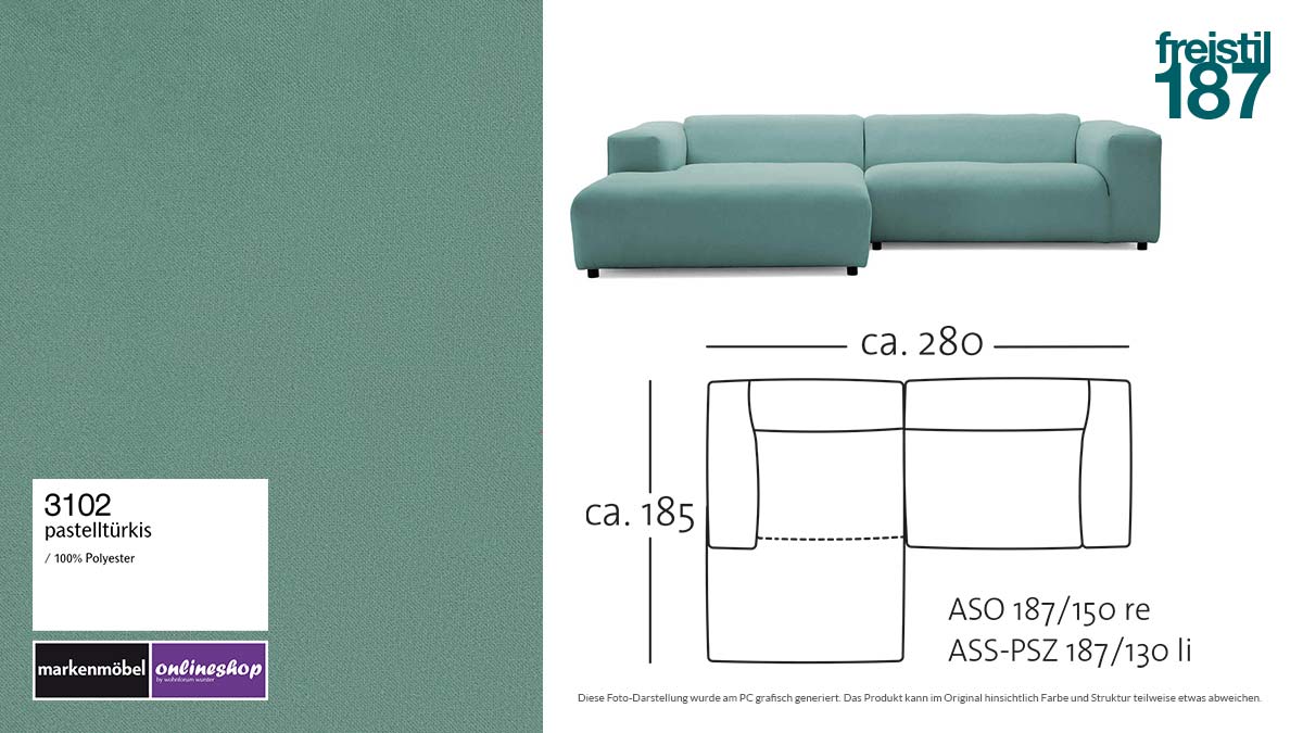 #3102 pastelltürkis - freistil187 ROLF BENZ Sofa mit Longchair links