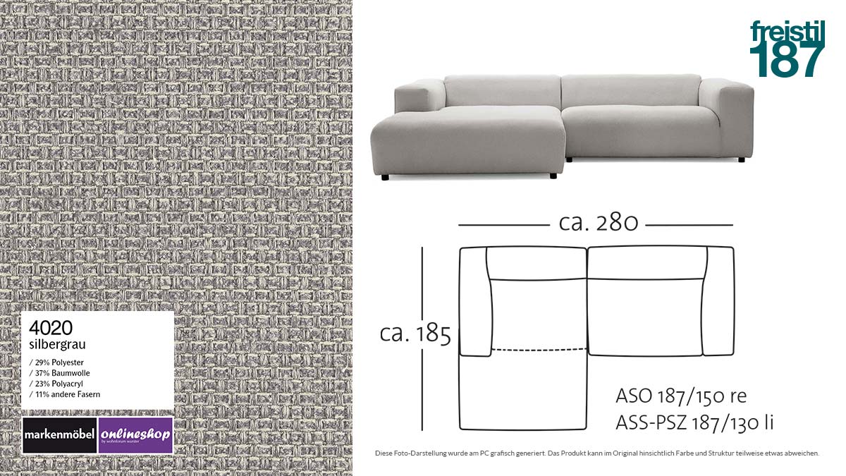 #4020 silbergrau - freistil 187 Lounge-Sofa mit Longchair links