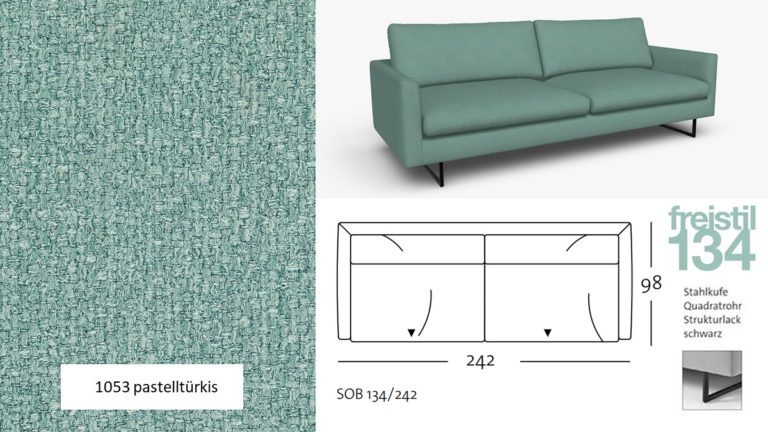 freistil 134 Sofabank in der Breite 242 cm im Stoff-Bezug #1053 pastelltürkis