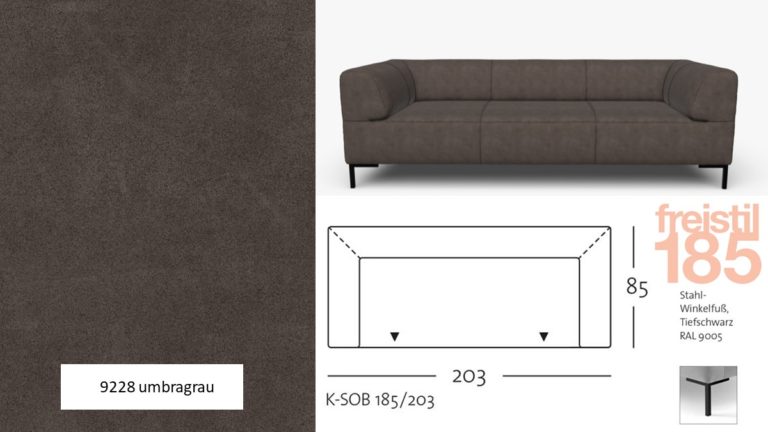 freistil 185 Sofabank in der Breite 203 cm im Leder-Bezug #9228 umbragrau, leicht angeschliffen
