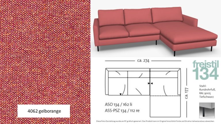 freistil 134 Sofa mit Longchair rechts mit basis Füßen, in Breite 274 cm in Stoff-Bezug #4062 gelborange-violett