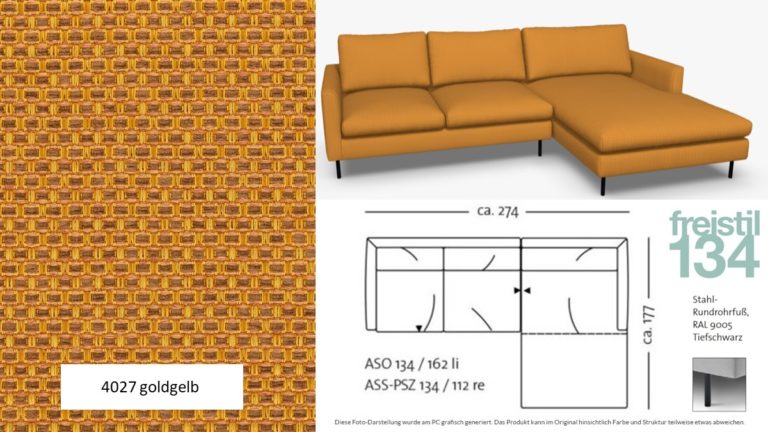 freistil 134 Sofa mit Longchair rechts mit basis Füßen, in Breite 274 cm in Stoff-Bezug #4027 sonnengelb