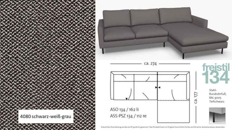 freistil 134 Sofa mit Longchair rechts mit basis Füßen, in Breite 274 cm in Stoff-Bezug #4080 schwarz-weiss-grau