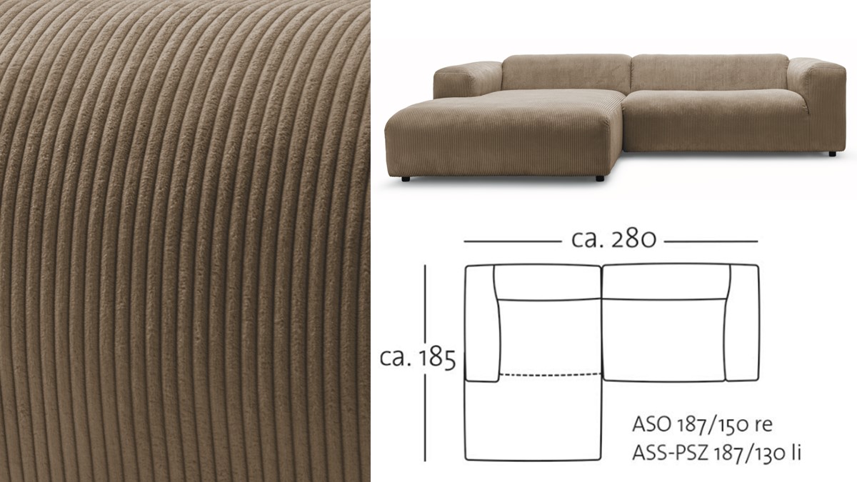 freistil 187 Cord-Sofa mit Longchair links, im Bezug #4602 Cappuccino