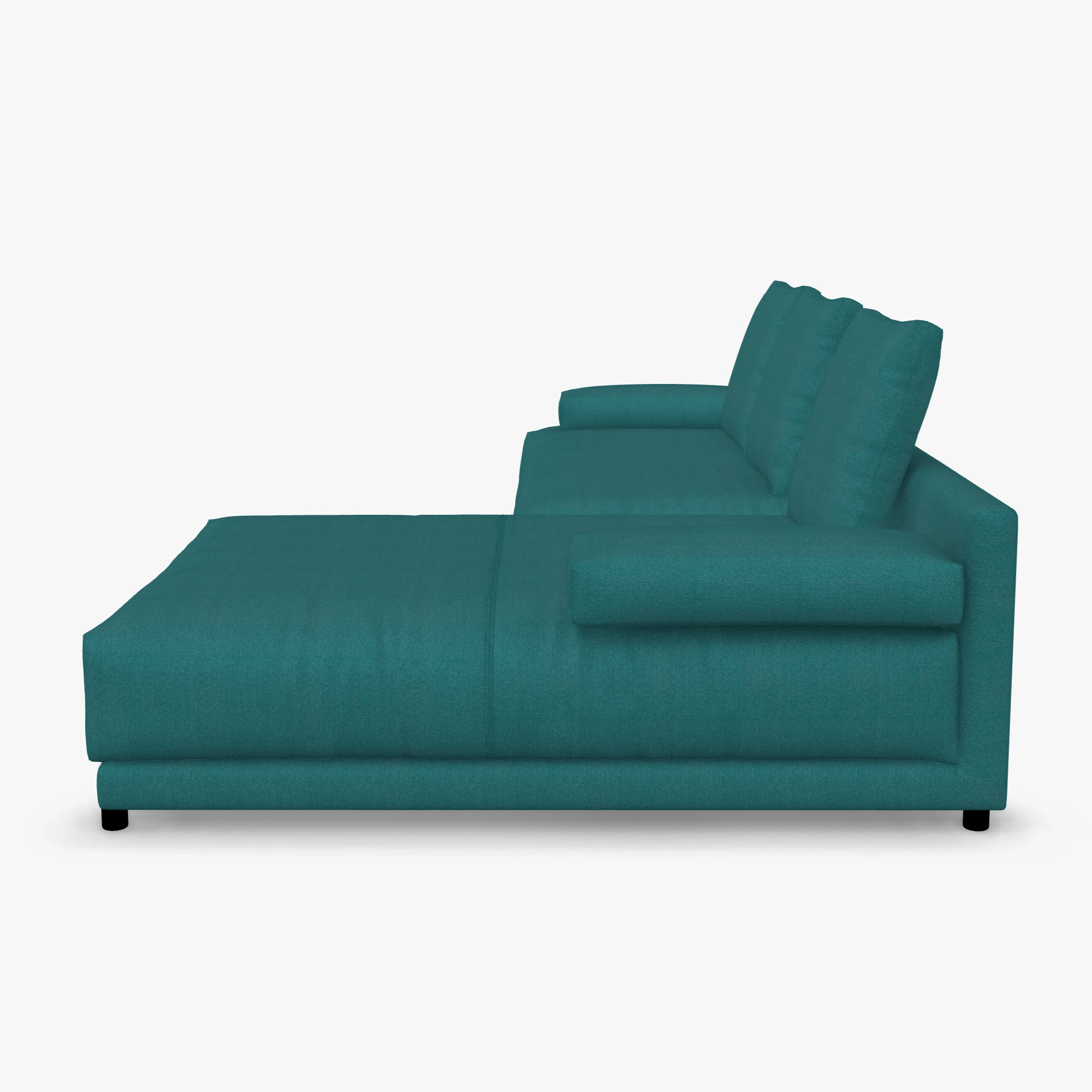 freistil 142 Sofa mit Longchair rechts in der Breite ca. 310 cm aus der seitlichen Perspektive im Stoff-Bezug 6513 blaugrün