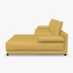 freistil 142 Sofa mit Longchair rechts in der Breite ca. 310 cm aus der seitlichen Perspektive im Stoff-Bezug 6320 ockergelb